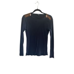 Lauren Ralph Lauren Small Ribbed Navy Top Zipper Faux Leather Shoulder #4950